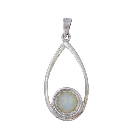 Estate Sterling Silver 925 White Round Opal Teardrop Pendant - Picture 5 of 11
